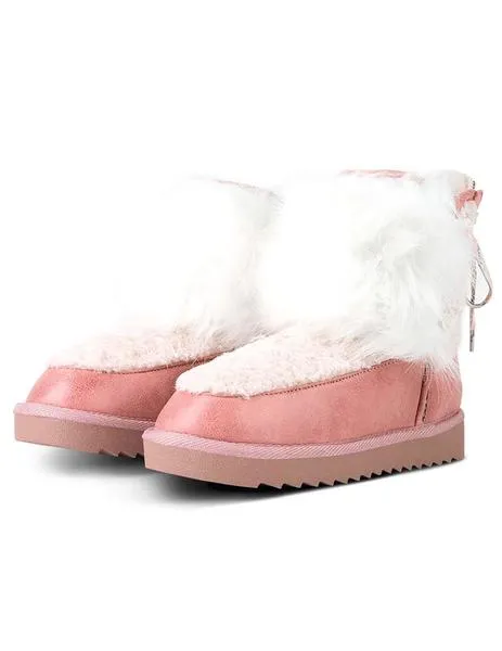 Pink D Franklin boots with white fur for women.