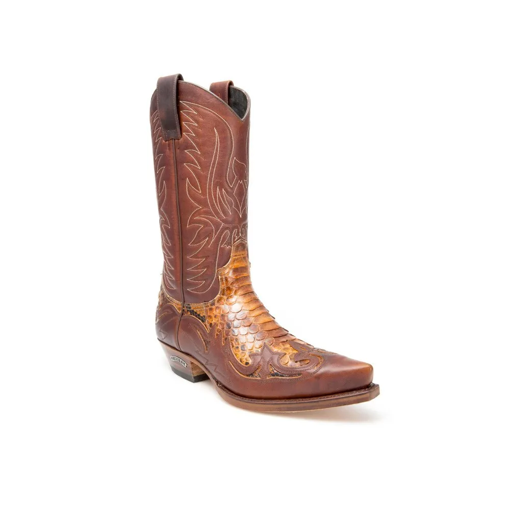 Botas Sendra 3241 Cuervo Western para hombre en cuero camel y piel de pitón auténtica