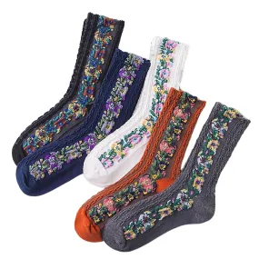 Vintage Floral Embroidered Knit Women's Socks Floral Tube Long Thick Plush Socks