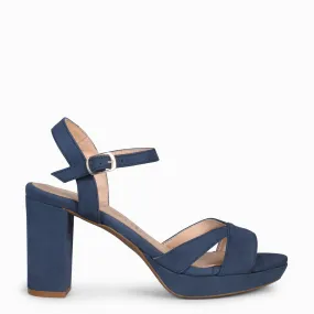 High heel party sandals with platform in navy blue PARIS.