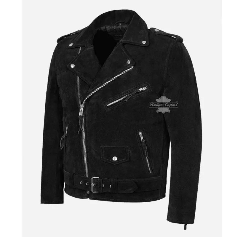 Men's BRANDO Black Suede Leather Jacket Classic Biker Fashion Jacket