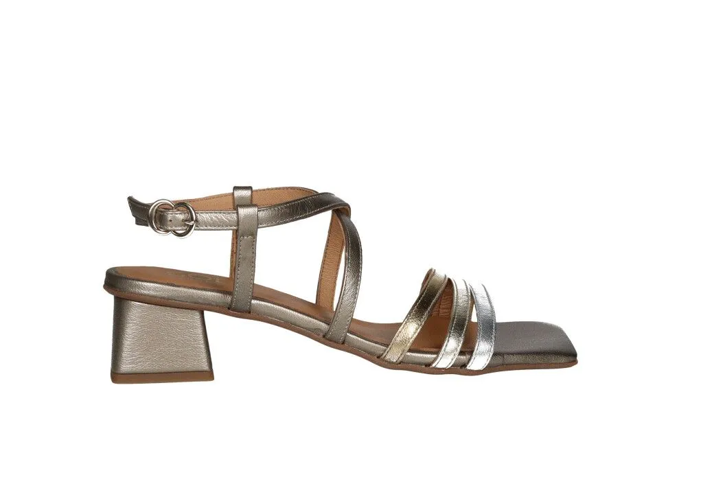 Bronze Leather Sandal with Gold and Silver Straps and Medium Heel