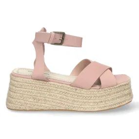Women's pink platform sandals with criss-cross jute straps M2385.
