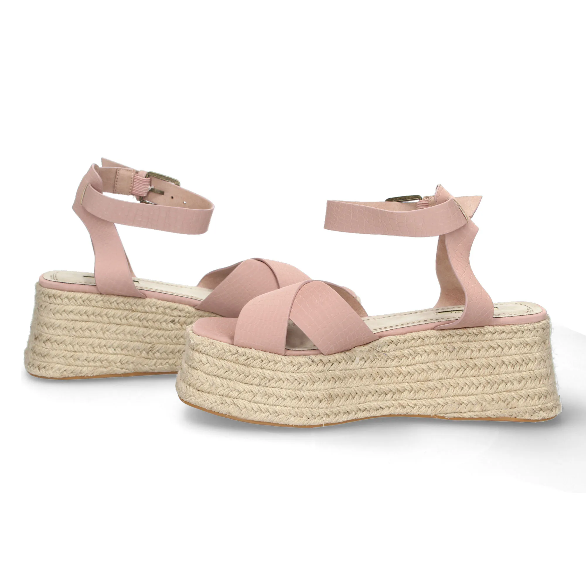 Women's pink platform sandals with criss-cross jute straps M2385.
