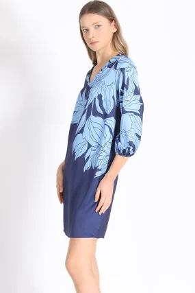 VESTIDO RECTO SATIN ESTAMPADO, AZUL, COLECCIÓN ITALIA