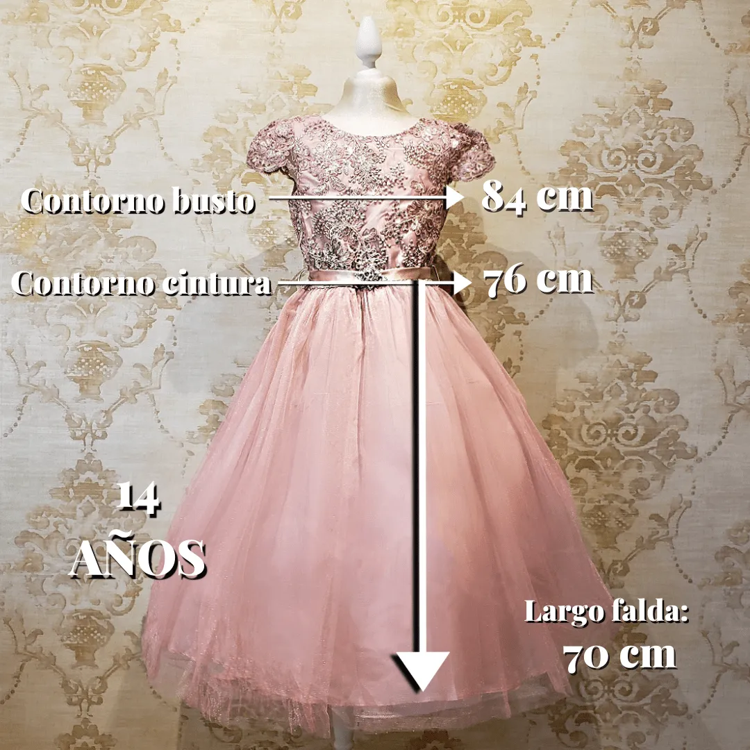 Vestido Rosa Pastel Niña Manga Fiesta Talla 14-18