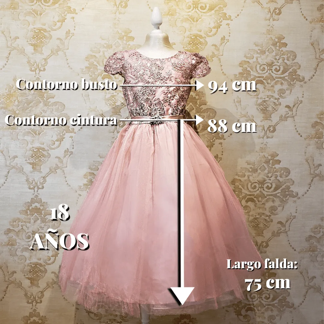 Vestido Rosa Pastel Niña Manga Fiesta Talla 14-18